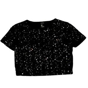 FOREVER 21 Sequin Crop Black Round Neck Short Sleeve Party, Date Night S.